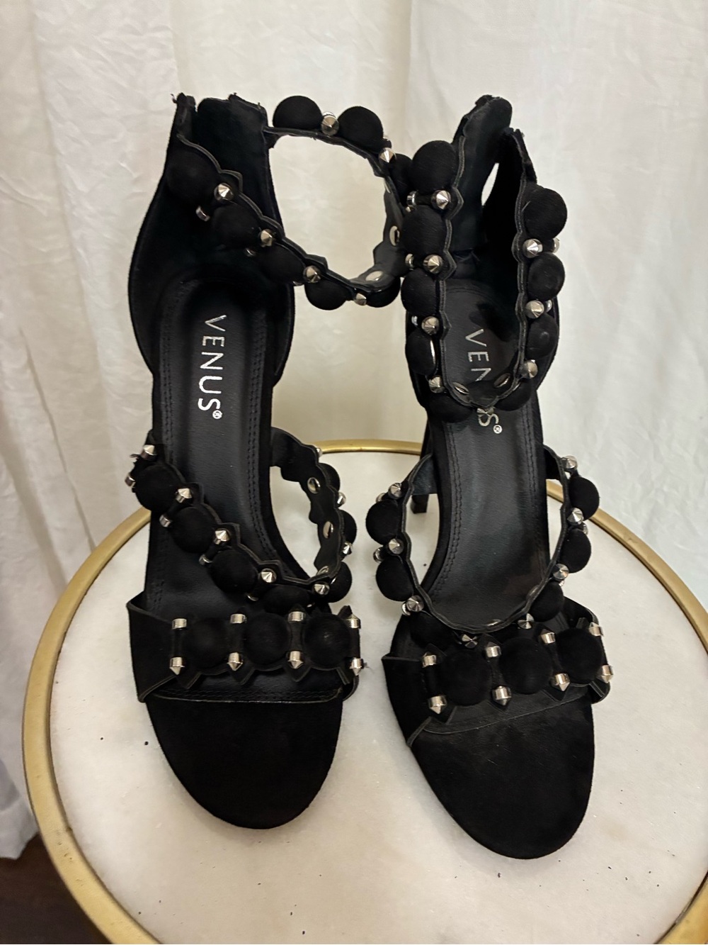 VENUS Black Studded Scallop-Strap High Heel Sandals